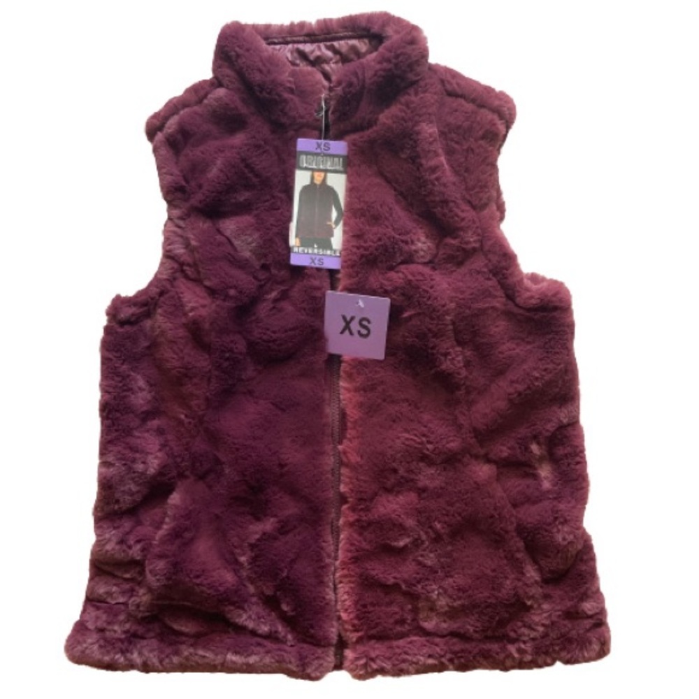 Nicole Miller Reversible Faux Fur Vest Womens XS Wine NWT